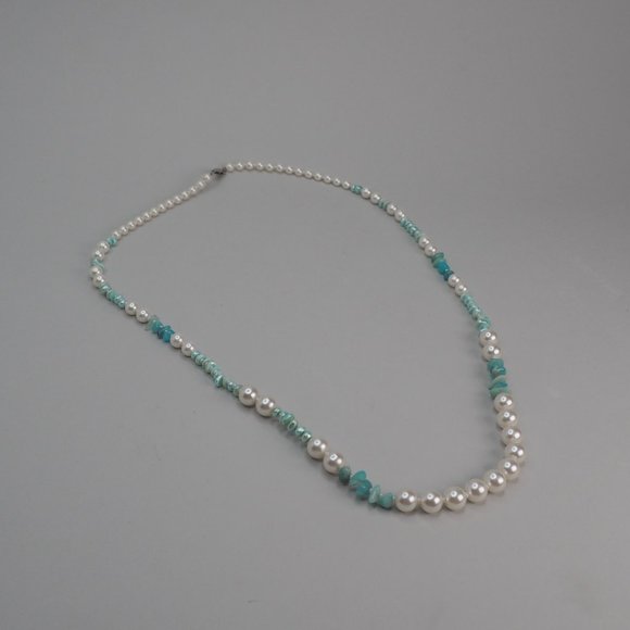 Vintage Turquoise & Faux Pearl Long Necklace - Picture 1 of 8